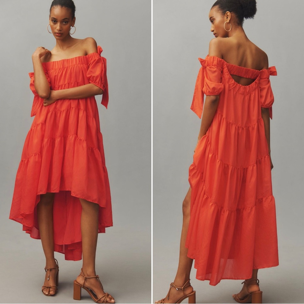 Anthropologie Off-the-shoulder Tiered High-low Midi Dress in Coral/Red